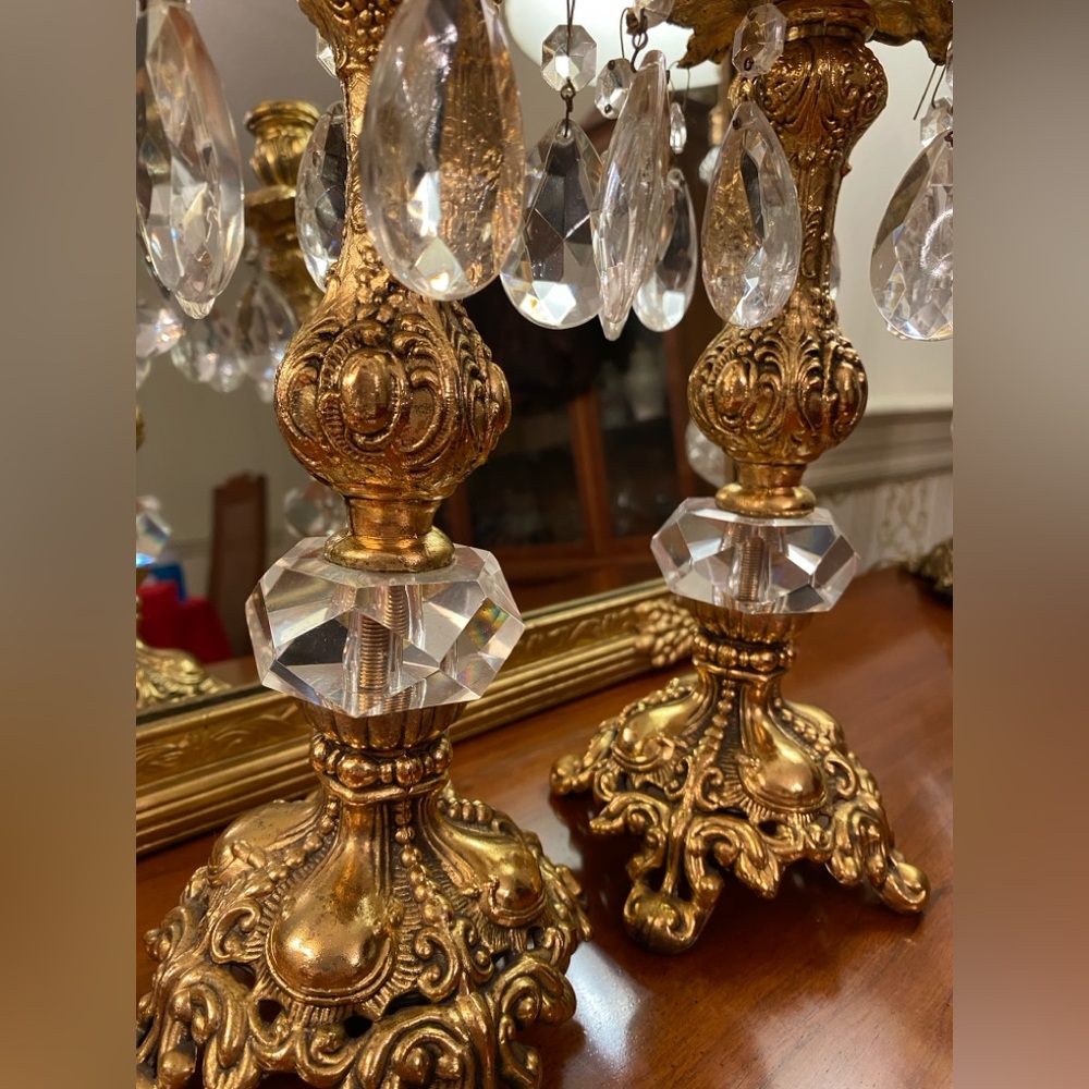 Antique 1952 Hollywood Regency Brass Cut Crystal Candlesticks With Prisms RARE! - Picture 4 of 10